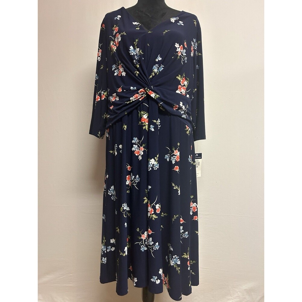 CHAPS Womens Sz 20W Dress NWT Floral Navy Twist Front V Neck 3/4 Sleeves MIDI
